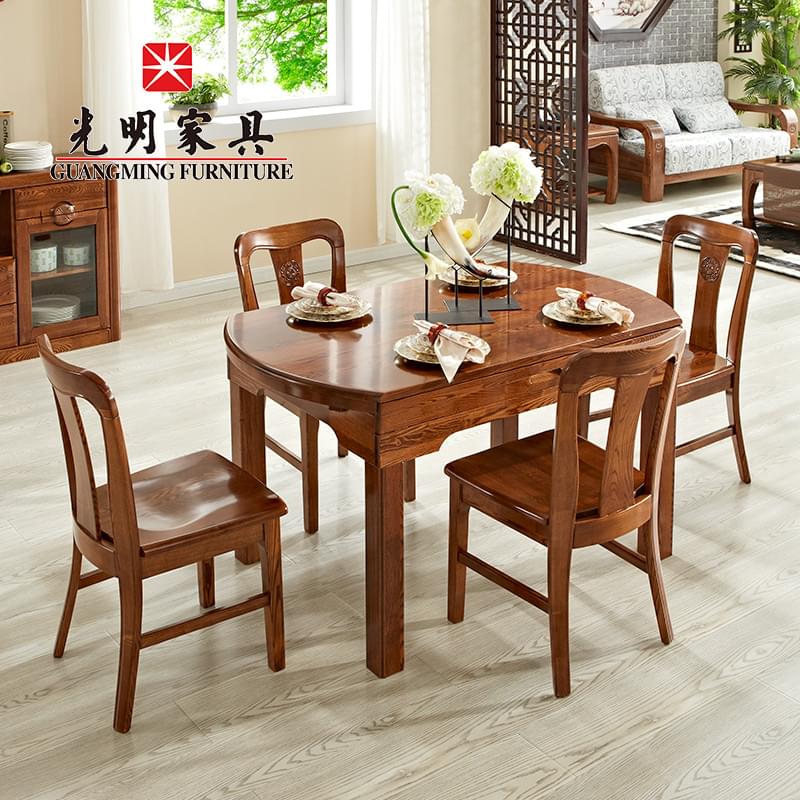 【光明家具】现代中式全实木餐桌 可伸缩圆桌折叠餐桌  水曲柳一桌四椅 398-4161-135